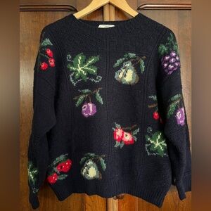 VINTAGE British navy wool sweater with fruit pattern
